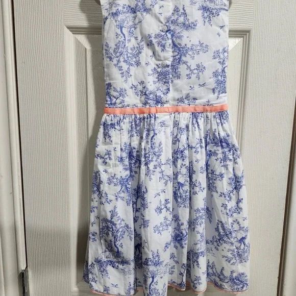 Carter's Girls 6X Blue Toile Print Dress Coral Ribbon Bow Sleeveless Cotton - Picture 8 of 9
